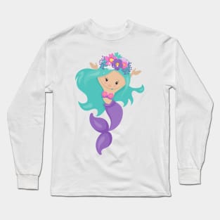 Cute Mermaid, Little Mermaid, Blue Hair, Flowers Long Sleeve T-Shirt